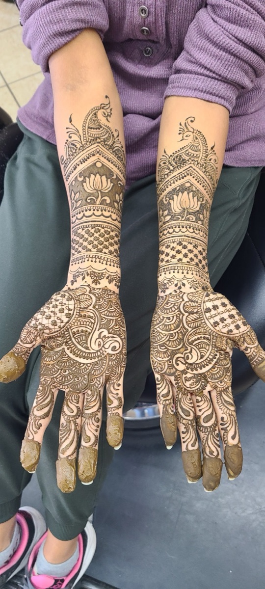 Full bridal henna design on both hands and arms